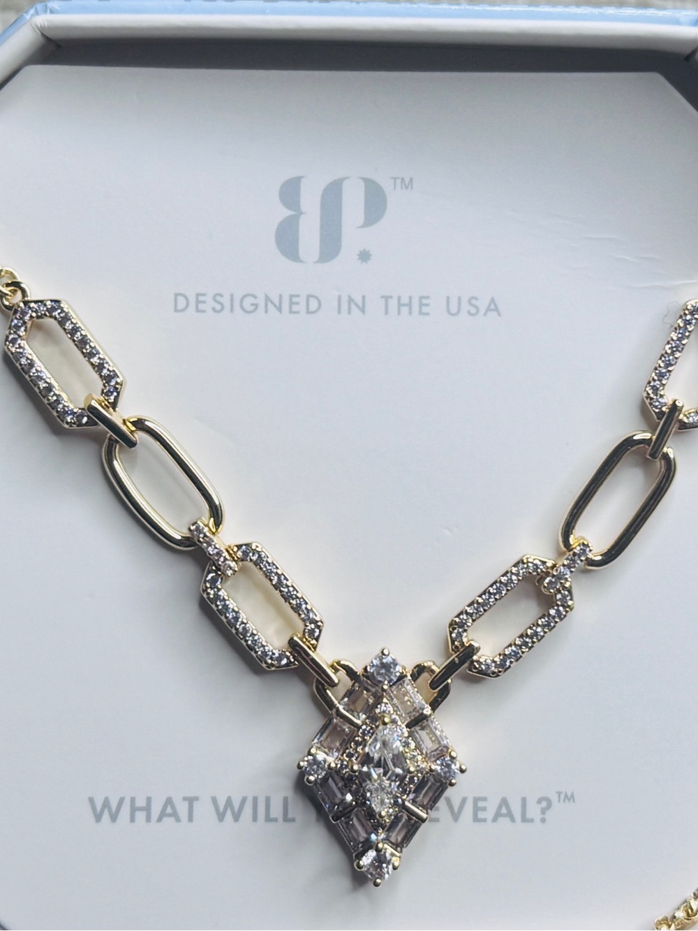 Bomb Party Paperclip Kite Diamond Cubic Zirconia Gold Plating length 18”+2.5”